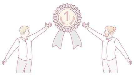 Two people joyfully presenting a first place award, beautifully symbolizing achievement and ultimate success