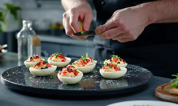 Chef preparing delicious deviled eggs