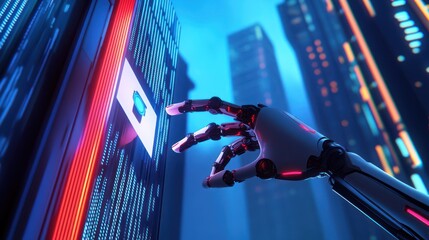 Young business woman in the city office, analyzing digital financial data on a computer screen, reflecting the fast-paced world of tech stock market finance and global communication networks