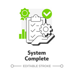 System complete flat outline concept icon. Product certification. Technology readiness level. Deployment stage. Modern line illustration with green glyphs. Conceptual visual. Easy to edit