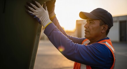Hispanic man in workwear and gloves lifts a bin. Manual labor, sanitation, and street cleaning concept. Worker at job.