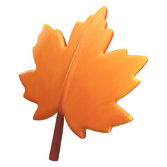 A 3D maple leaf features a classic five-lobed shape in a vivid orange hue, with a prominent central vein extending into a short red stem.