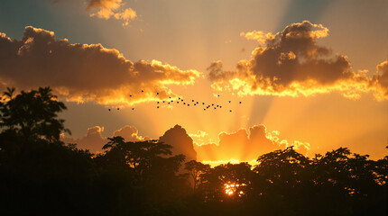 A flock of birds soars across a breathtaking golden sunset sky above a lush, silhouetted forest