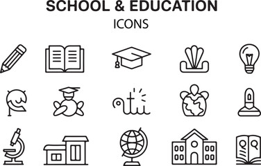 School and education icon set in line art style