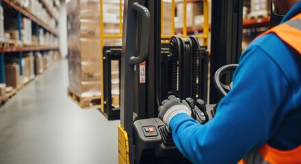 Fototapeta premium Man operating a forklift, moving packed boxes in a large industrial warehouse. Concept of logistics, storage and cargo delivery.