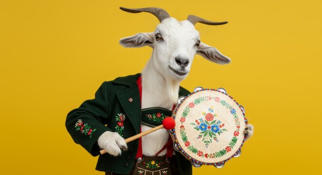 Hilarious goat musician playing tambourine wearing traditional Bavarian clothing against yellow background