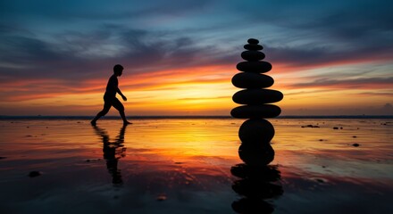 Silhouette of a Boy Walking on a Beach at Sunset with a Stack of Balanced Rocks