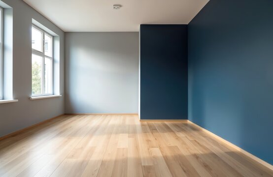 Empty room with light wood floor, two tone walls, grey, deep blue. Large windows let in natural light, suggesting ready-to-move-in space. Modern interior design perfect for real estate home decor