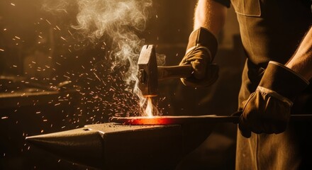 A man blacksmith is hammering hot metal on an anvil, creating sparks and smoke in a dark forge. Traditional handcrafted production.