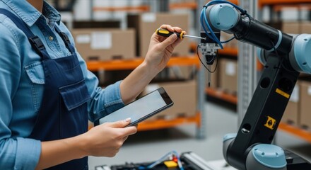 Woman engineer works on robotic arm and holding digital tablet. Factory automation and modern technology concept for industry.
