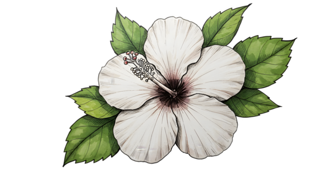 Artistic Hibiscus Blossom: White flower blooms on black. Perfect for web design, cards, botanical illustrations, and vibrant backgrounds.