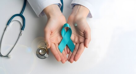 Doctor's Hands Holding Teal Ribbon for Cancer Awareness and Support in Medical Setting, symbolizing hope and care