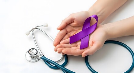Doctor's Hands Holding Purple Ribbon for General Cancer Awareness and Support in Healthcare Environment, signifying hope
