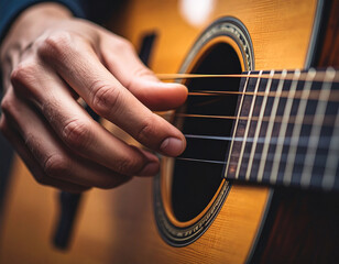 Fototapeta premium a person's hands playing an acoustic guitar