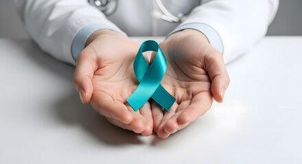Medical Professional's Hands Cupping Teal Awareness Ribbon Against White Background, representing Cancer Support