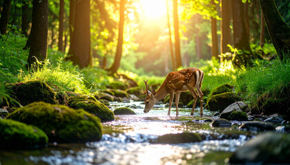 View of a deer drinking in a stream in the middle of the forest