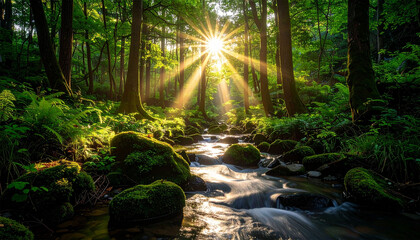 Obraz premium The river flows in the forest and the sunlight penetrates between the trees.