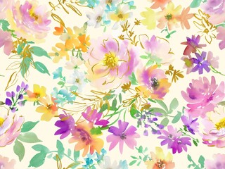 Watercolor seamless floral pattern with abstract hand painted pink and yellow peonies, roses and gold line art. Botanical textile design. Floral wallpaper for fabric, stationary and gift wrapping.
