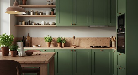 Contemporary Kitchen with Green Cabinets and Terrazzo Countertop