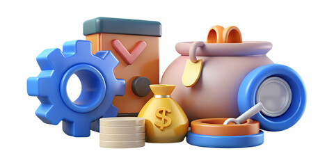 3D Finance Elements Collection - Graph, Piggy Bank, Hourglass & Coin Stack - Investment Growth, Time Management & Security Concept