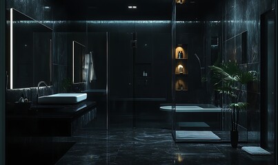 Dark bathroom interior. Generative Ai