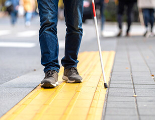 A blind person walks on the sidewalk guiding block