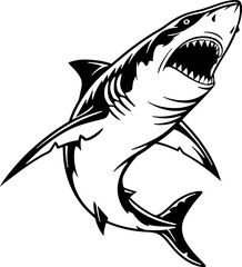 a large shark in black and white style with its mouth open showing sharp teeth