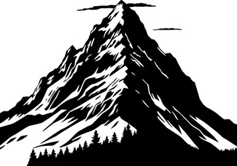 A majestic mountain range depicted in a black and white style