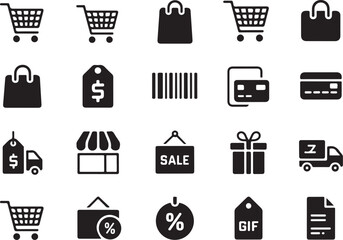 Shopping and e commerce black and white icon set