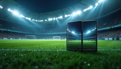Two modern smartphones display vibrant soccer stadium at night. Illuminated arena, green grass field, bright stadium lights visible on screens. Technology concept represents live sports streaming,