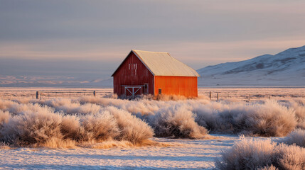 Red barn in snowy field at sunrise with frosted bushes