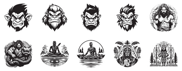 Tribesman of the Woods Waters Wyrm Troll logo illustration set collection representing mythical and elemental creatures from nature and folklore suitable for fantasy games storybooks and worldbuilding