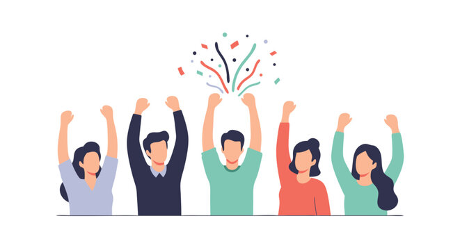 Team Achievement with Celebration: A vibrant illustration depicting a diverse group, arms raised, reveling in the joy of shared accomplishments.