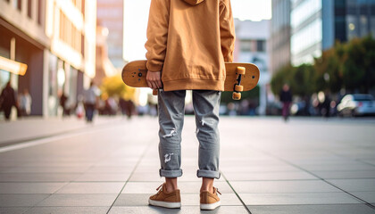 A person stands with a skateboard on a city street.