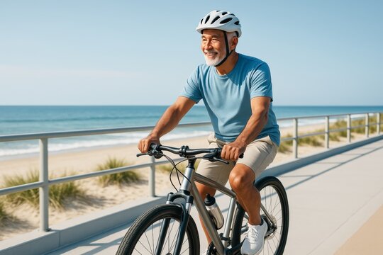 Active senior man cycling by the ocean on a sunny day, enjoying retirement with a joyful state of mind and peaceful beach background. Ai generative