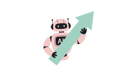 Digital Advancement: A modern, cartoon-style illustration features a friendly robot confidently holding a upward arrow, symbolizing progress and technological innovation in the digital era.