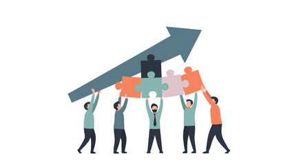 Teamwork for Growth: A united group of people working together to fit jigsaw pieces with an arrow pointing up symbolize a strong team is building for growth.