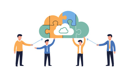 Cloud Collaboration: Illustrative depiction of a team working together, holding interconnected puzzle pieces in the shape of a cloud, representing a network and connection in a dynamic vector format.