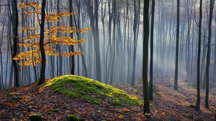 Obraz premium Tranquil Autumn Forest with Fog and Vivid Yellow Leaves in Focus