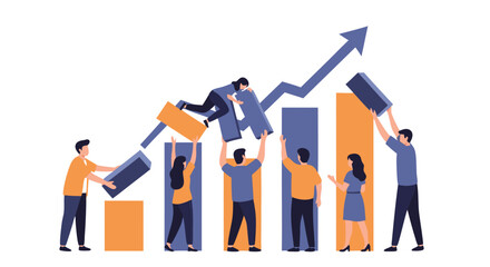 Business Growth: Colleagues collaborate to assemble building blocks and chart a course of continuous improvement, symbolizing collaborative progress.