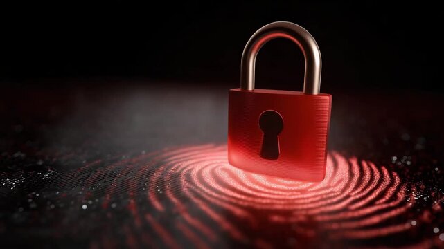 Red padlock with glowing fingerprint patterns on surface, representing security, protection, identity verification, and privacy in digital age