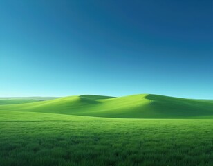 Obraz premium Vibrant green rolling hills under clear blue summer sky. Vast meadow landscape offers tranquil scene of nature and agriculture. Gentle slopes capture sunlight across expansive rural countryside.