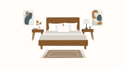 Cozy Bedroom Interior Design: A meticulously crafted bedroom scene showcases a bed as the focal point, flanked by bedside tables, artwork, a rug, and soft lighting.