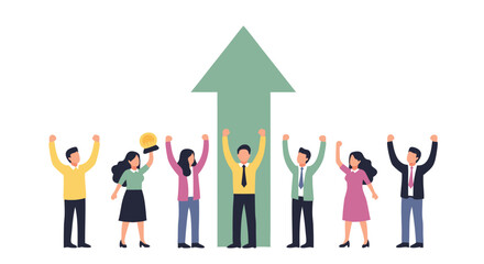 Ascension: A vibrant team of people celebrates their collective success, reaching skyward towards a symbolic upward arrow that signifies progress.