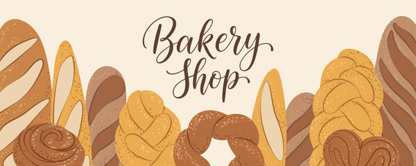 Bakery shop banner with bread and pastries, perfect for store branding or promotions.