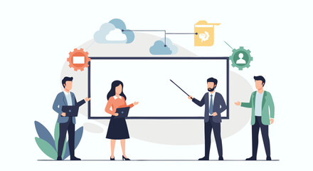 Cloud Data Presentation: A professional team uses presentation screen, showcasing the cloud data transfer and connected business.