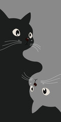 Two cats in black and gray tones stacked in a minimal portrait layout. The curious expressions and clean style highlight the cuteness and contrast between simplicity and boldness.