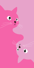 Pink colored cats in a minimalist vertical composition. Their curious expressions and mirrored pose create a symmetrical and cute animal-themed design suitable for posters or cards.