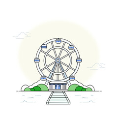 A detailed lineart illustration of a ferris wheel with soft green tones. The pastel colors and clean lines give a whimsical, relaxing feel, ideal for amusement park concepts.