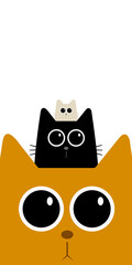 An orange cat with wide eyes carries two tiny cats on its head. The exaggerated eyes and simple layout create a cute and funny character illustration with bold cartoon energy.